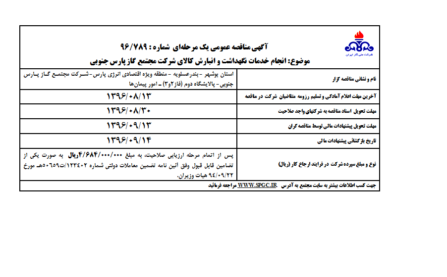 انجام خدمات نگهداشت و انبارش کالای شرکت مجتمع گاز پارس جنوبی